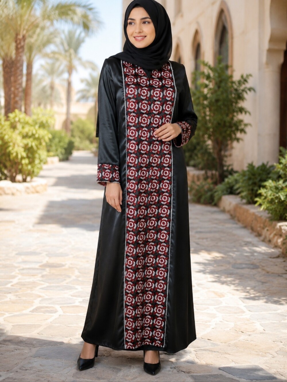 SAJEDA Black RED SILVER EMBROIDERED Abaya Islamic women dress size 1 Small #C